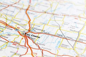 Map of Eau Claire, WI, showcasing the city's streets and landmarks, ideal for supporting local bars.