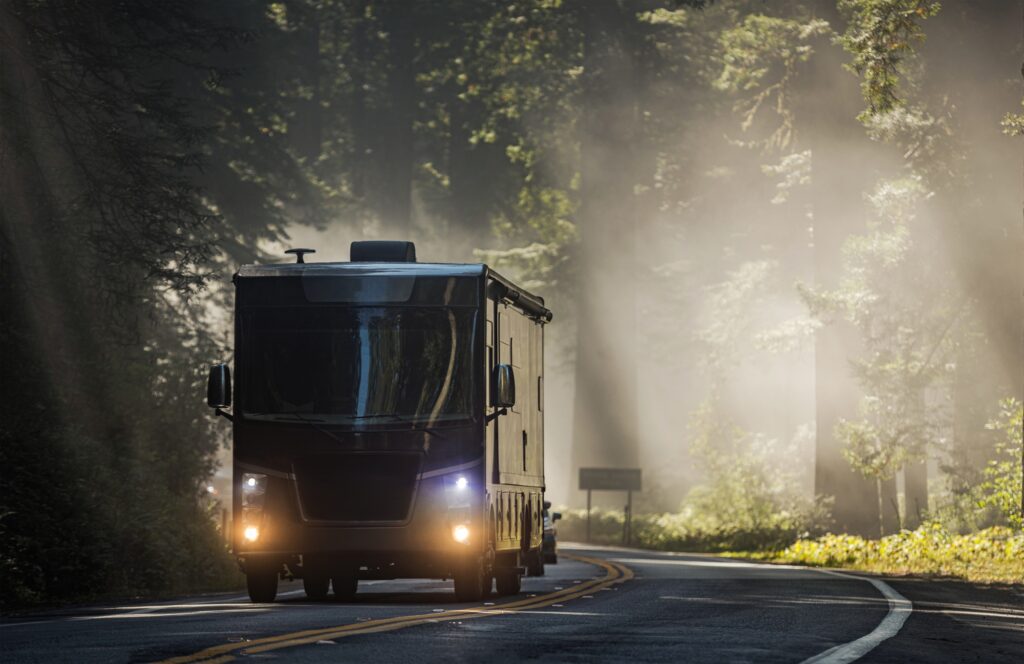 Diesel Pusher Motorhome RV on a Scenic California Highway