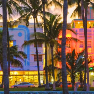 Miami Beach Dive bar , colorful Art Deco District at night