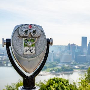 Bars in Pittsburgh-Pittsburgh city downtown aerial view from Point of view park, sunny spring day